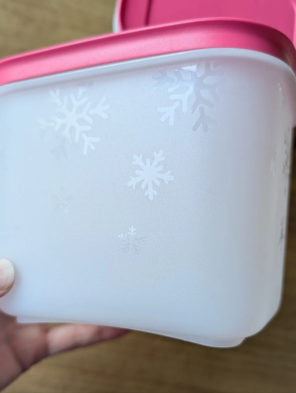 Tupperware White Container W/Snowflakes On All Sides W/ Pink Lids New Set Of 2